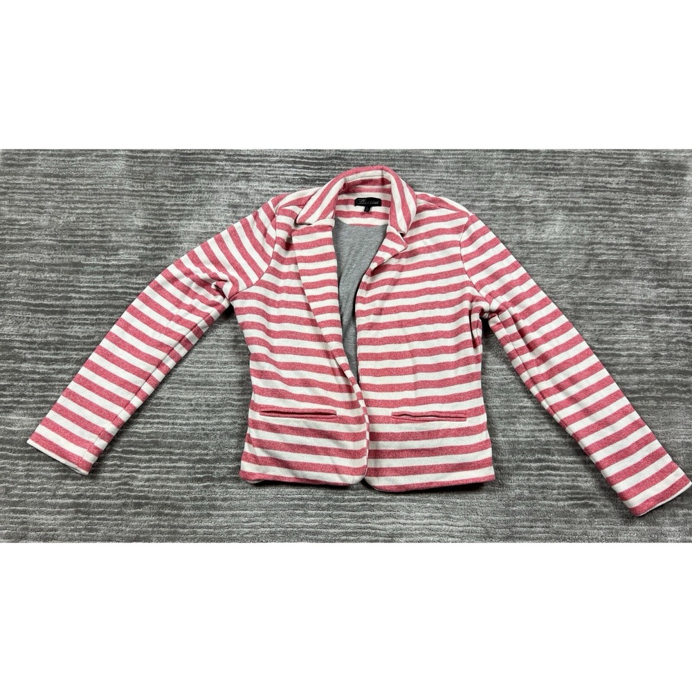 Baccini Sweater Womens Large Pink White Striped Collared Open Front Cotton Blend